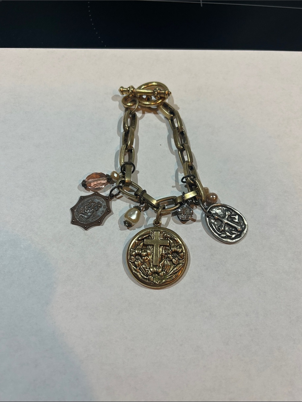 Gold-Tone Religious Charm Bracelet with Mixed Metal Medallions